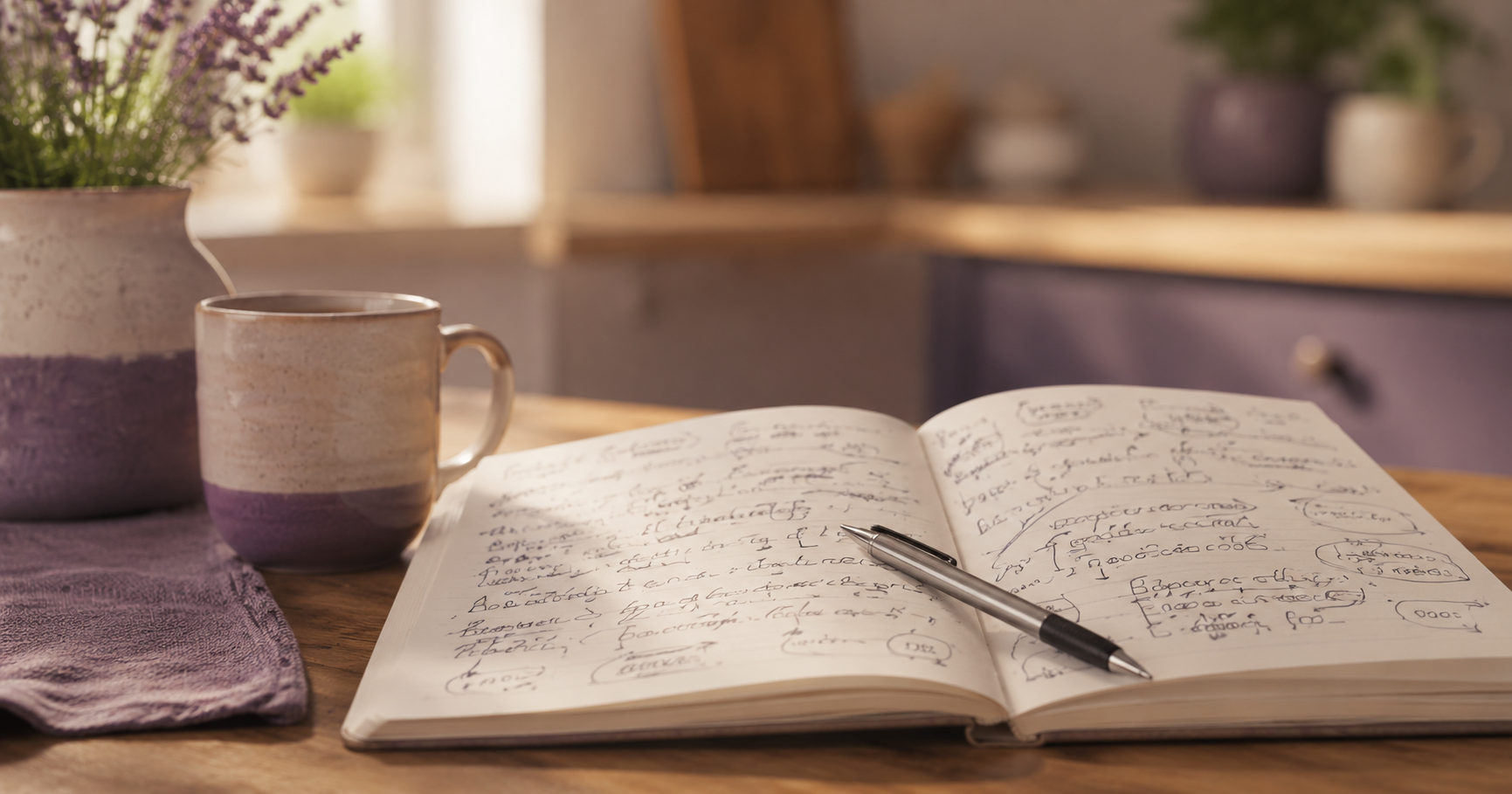 An open notebook on a kitchen table covered in quick handwritten notes, with a pen resting on top.