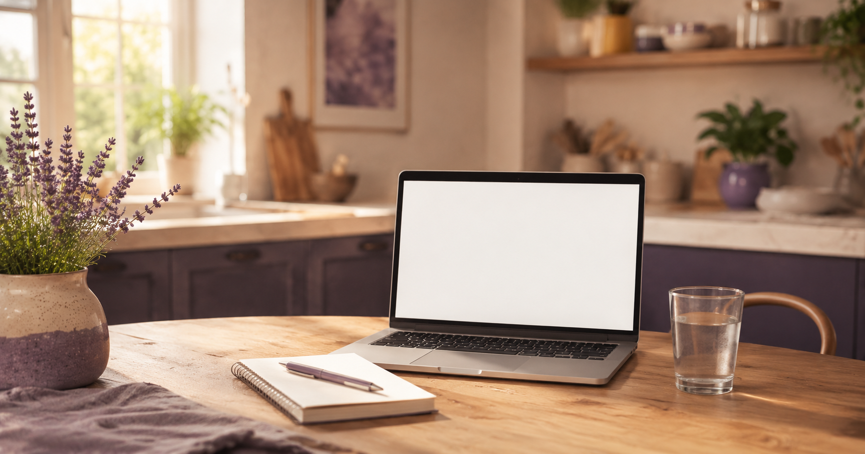 A tidy desk with a laptop opened to a blank document, a notebook, and a pen laid out ready to use.