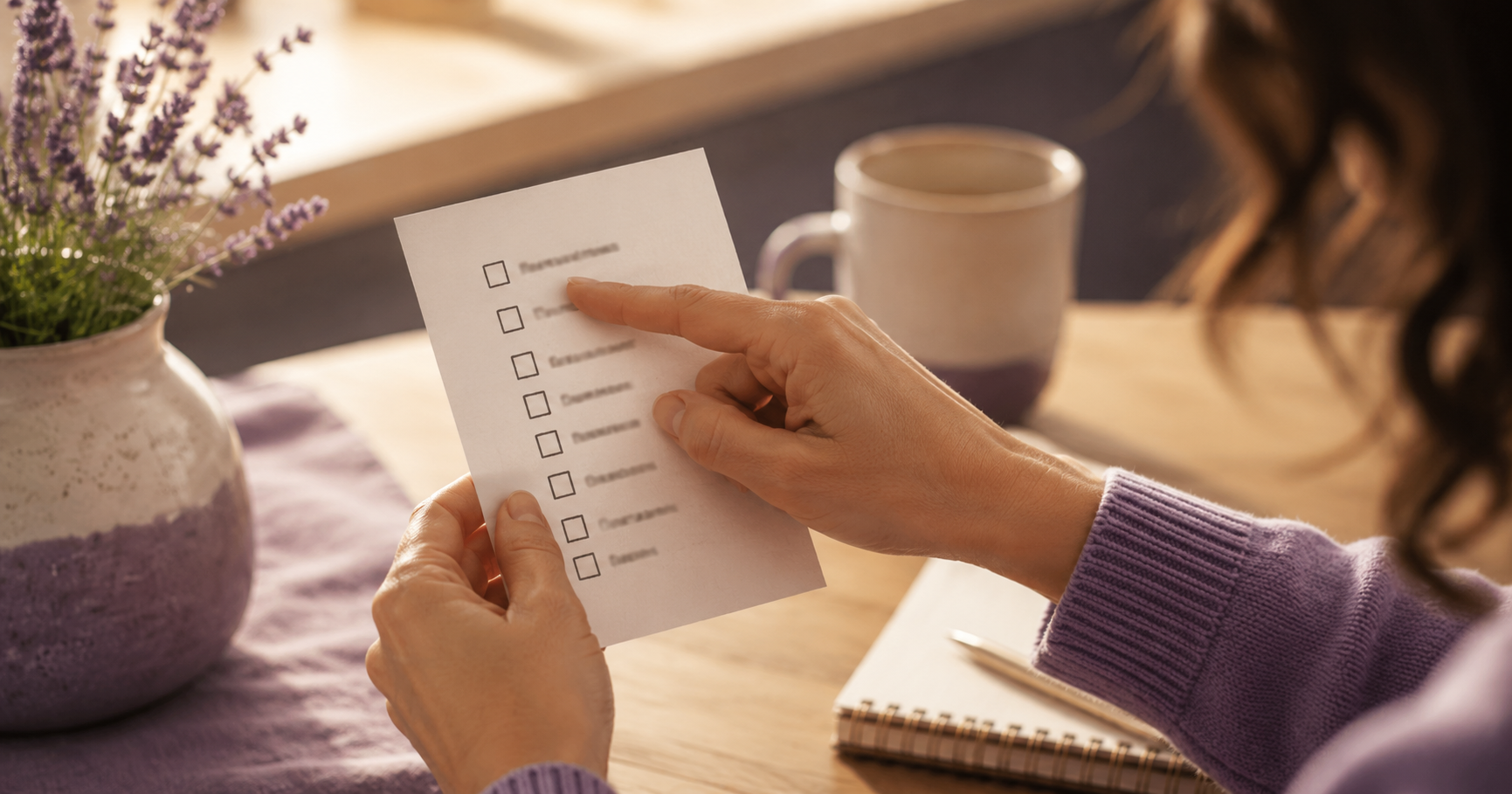 A small printed list of tiny tasks held in one hand, with a finger pointing to the first item.