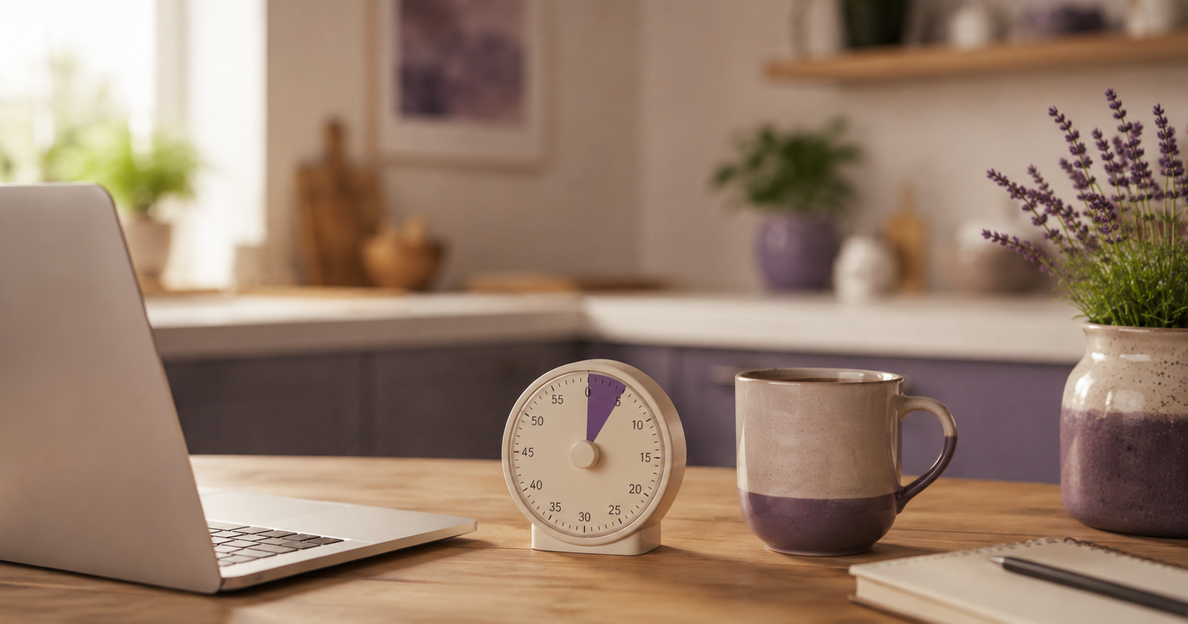 A small kitchen timer set to two minutes sitting next to a laptop and a mug.