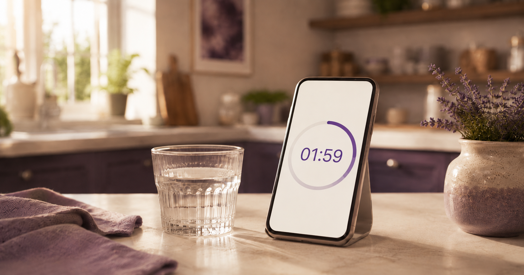 A phone propped up showing a countdown timer on a kitchen counter beside a glass of water.