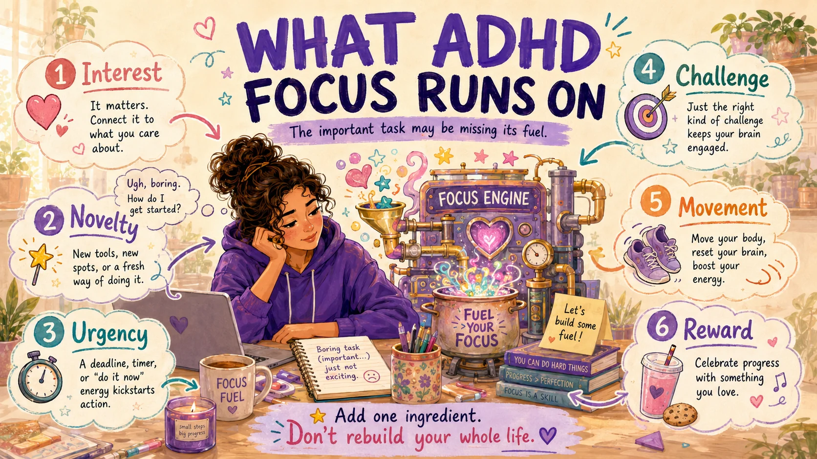 Illustrated ADHD focus engine powered by interest, novelty, urgency, challenge, movement and reward.