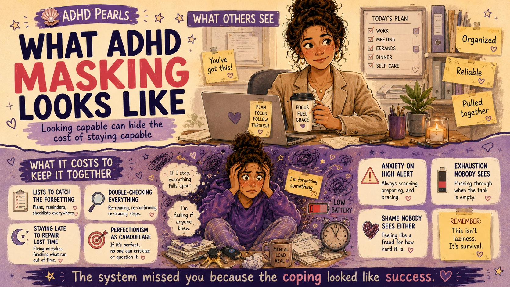ADHD masking in women showing an organized and reliable exterior while anxiety, perfectionism, repeated checking and exhaustion remain hidden.