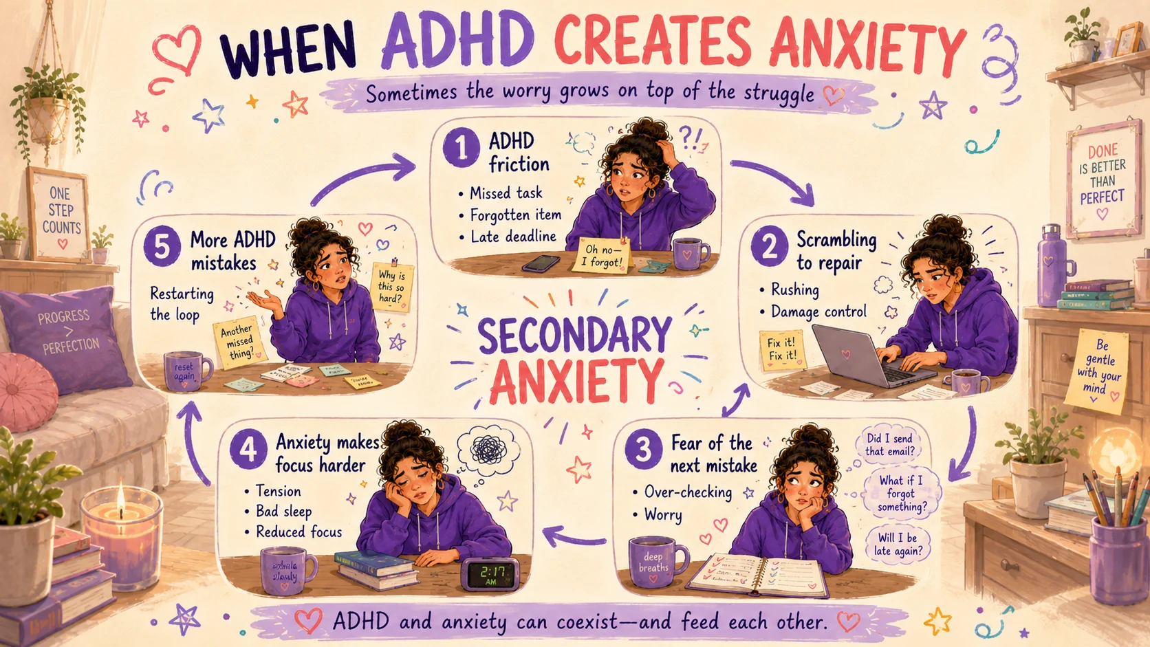 Cycle showing how ADHD mistakes, rushed repair, fear of future mistakes, anxiety and reduced focus can reinforce one another.