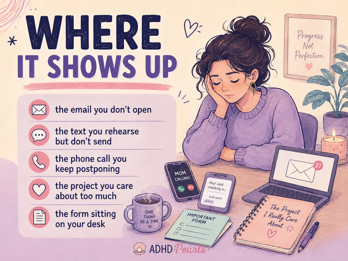 ADHD avoidance examples showing unopened emails, postponed phone calls, unsent texts, forms, and projects that feel too important