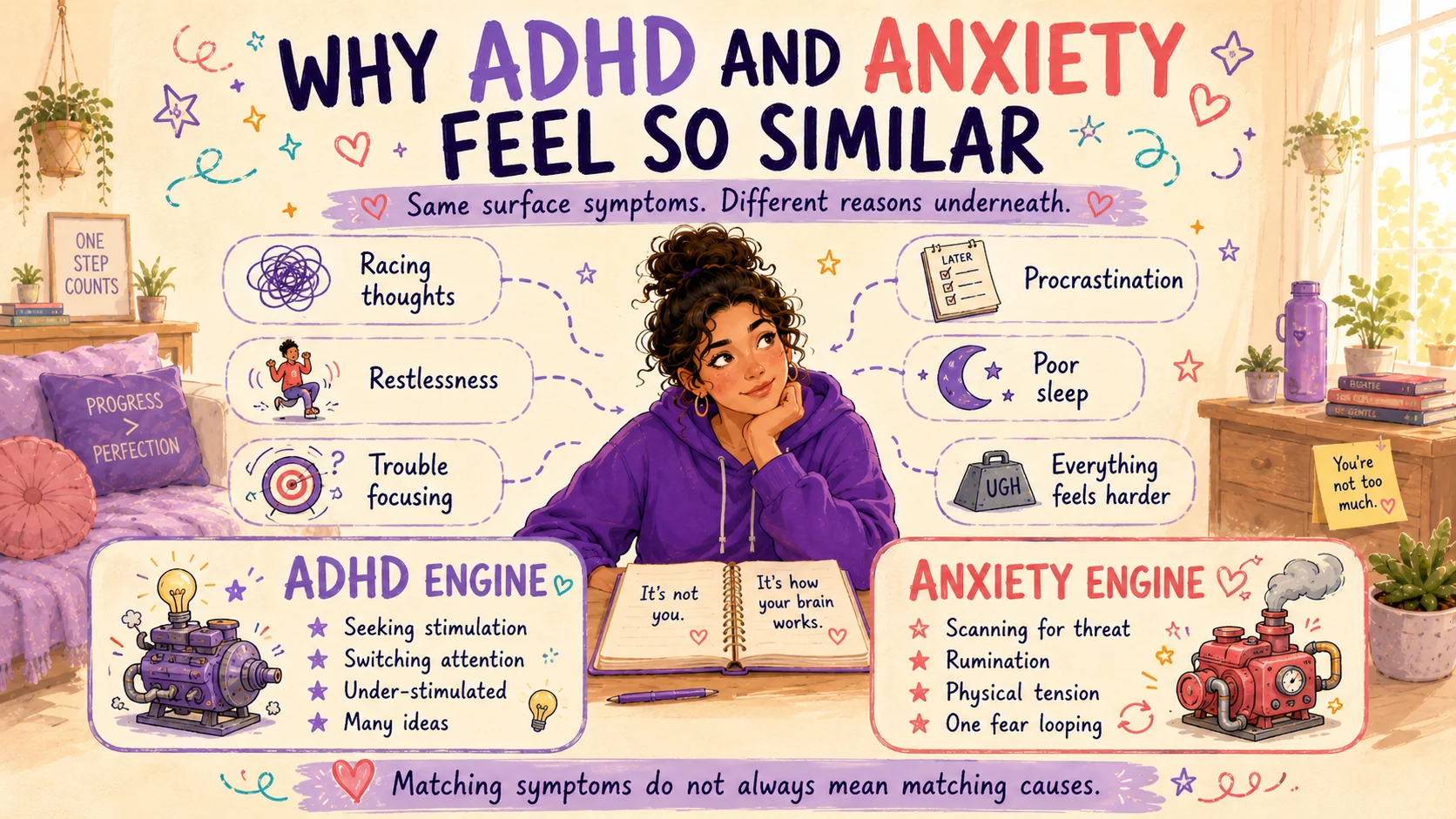 Shared ADHD and anxiety symptoms including racing thoughts, restlessness, poor focus, procrastination and sleep problems, with different causes underneath.