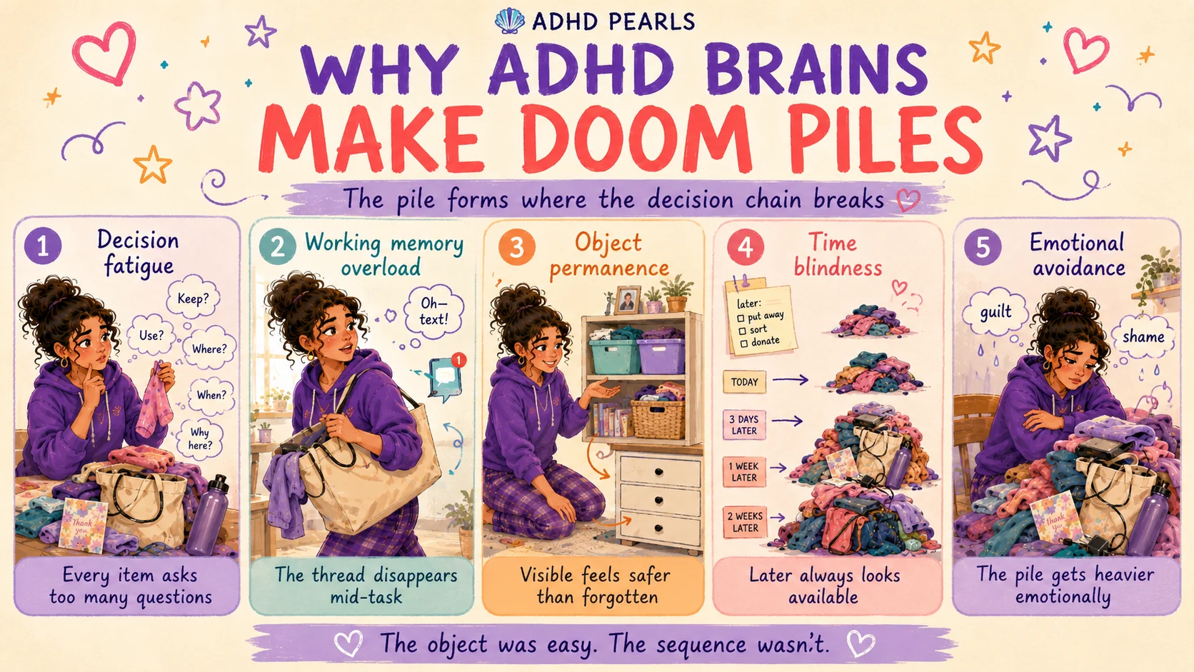 Five reasons ADHD brains make doom piles: decision fatigue, working-memory overload, object permanence, time blindness and emotional avoidance.