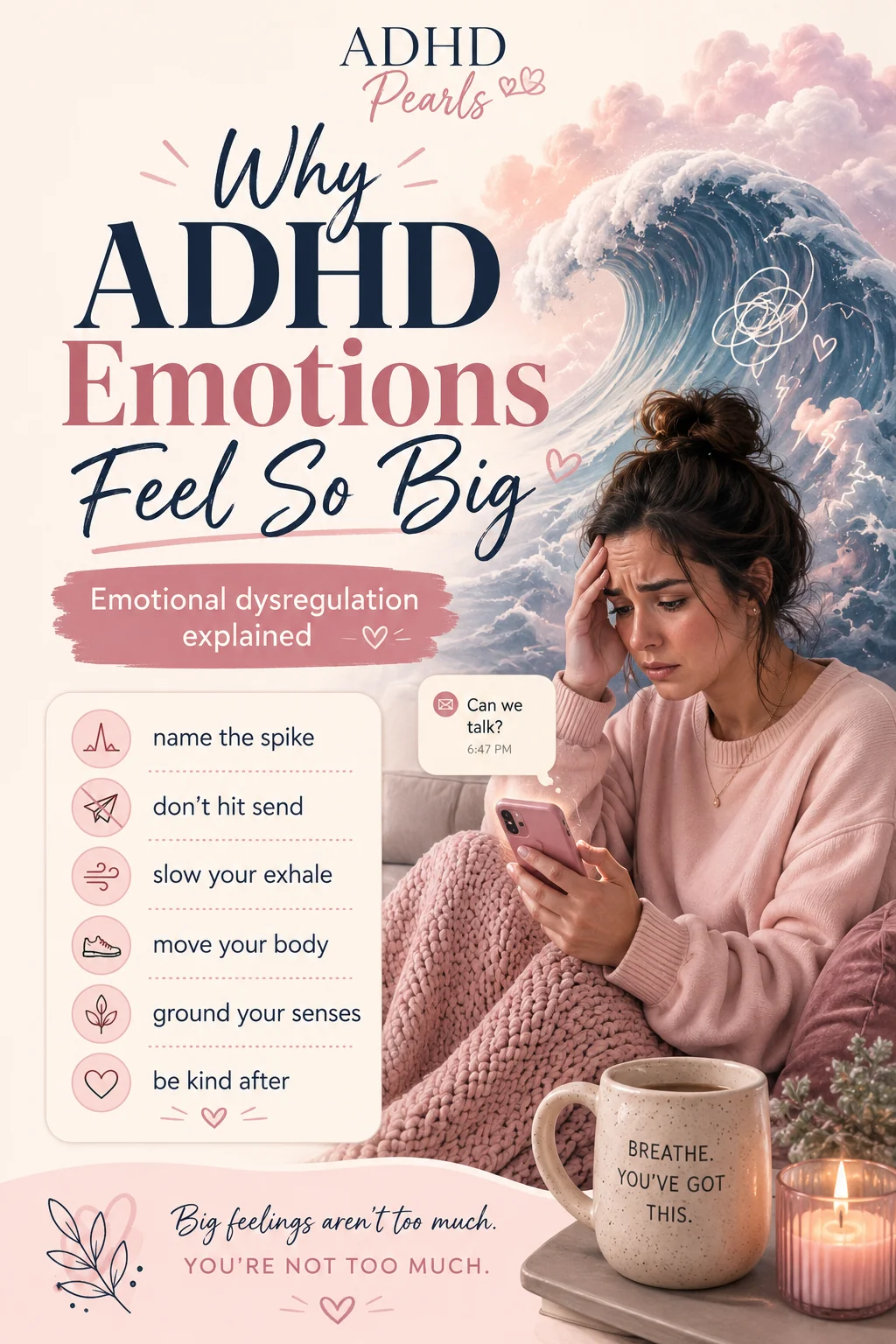 Pinterest pin explaining why ADHD emotions can feel so big, with tips like naming the spike, not hitting send, slowing the exhale, moving the body, grounding the senses, and being kind after.