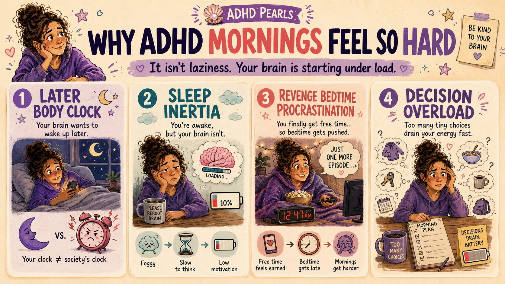 Four reasons ADHD mornings feel hard: a later body clock, sleep inertia, bedtime procrastination and decision overload.