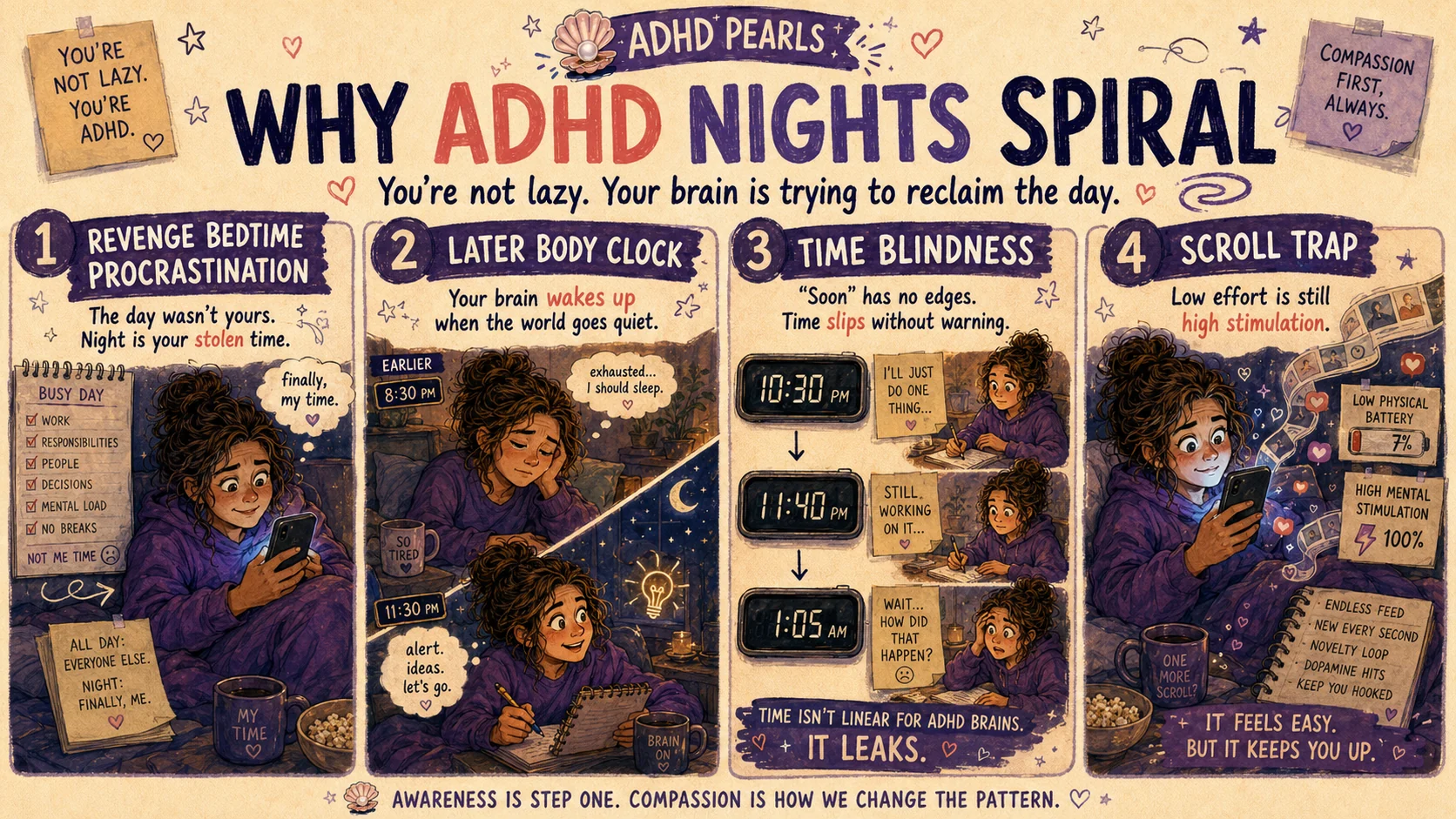 Four reasons ADHD nights spiral: revenge bedtime procrastination, a later body clock, time blindness and the scroll trap.