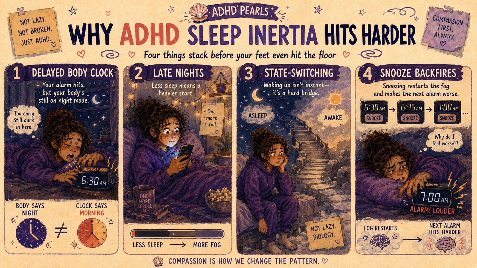 Four reasons ADHD sleep inertia can hit harder: delayed body clock, late nights, difficult state-switching and repeated snoozing.