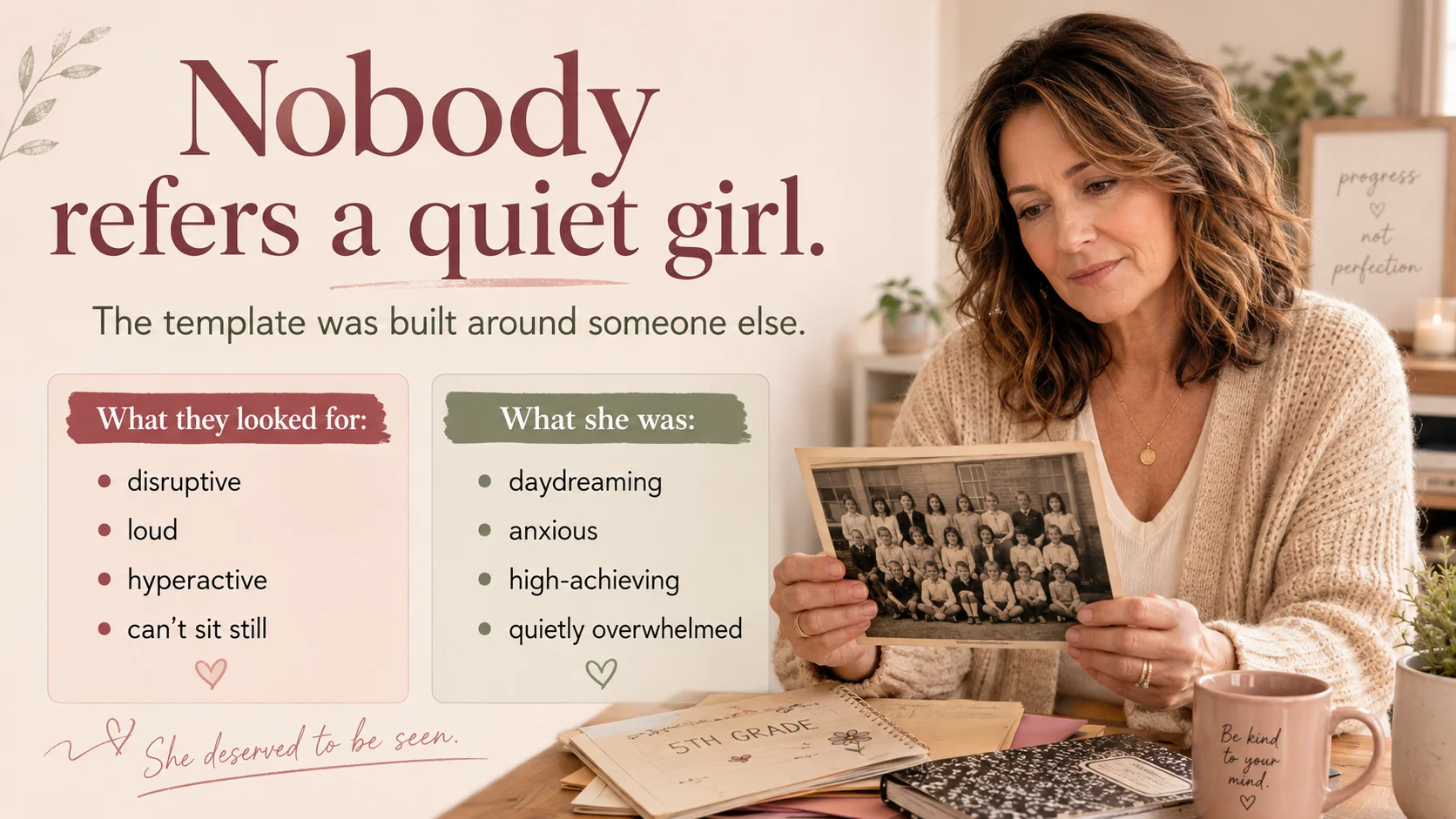 Infographic showing how ADHD was often missed in quiet girls because adults looked for disruptive, loud, hyperactive behavior instead of daydreaming, anxiety, high achievement, and quiet overwhelm.