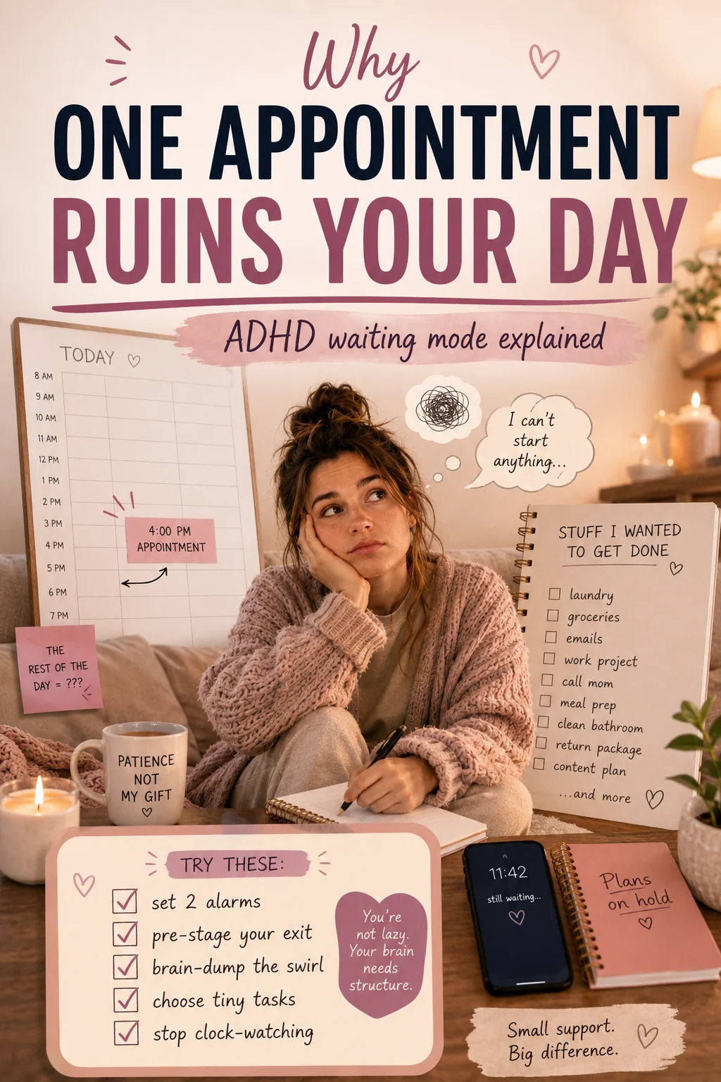 Pinterest pin explaining why one appointment can ruin the day for someone with ADHD waiting mode, with tips like setting two alarms, pre-staging the exit, brain dumping, choosing tiny tasks, and stopping clock-watching.