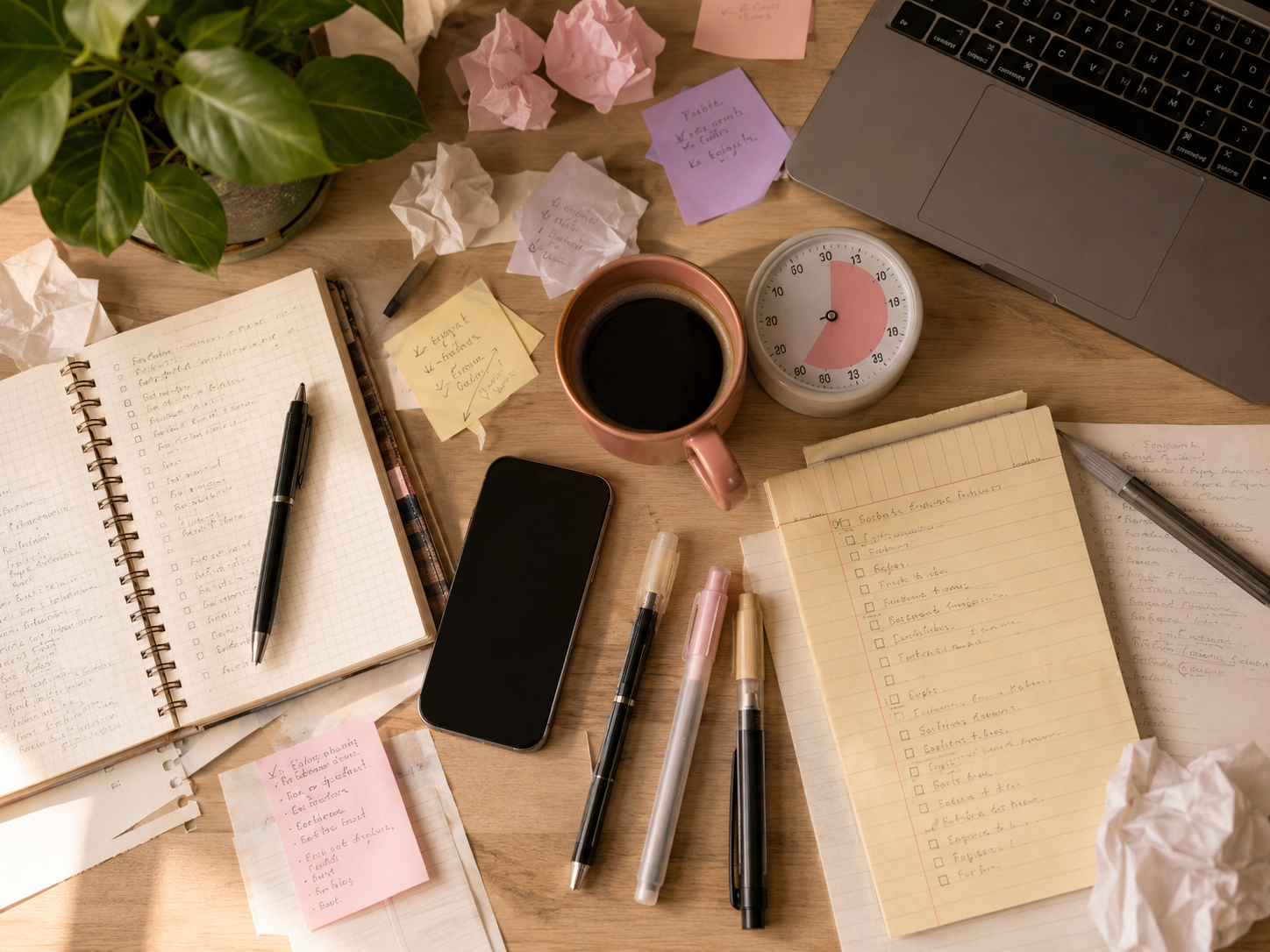 A cluttered desk with notebooks, sticky notes, phone, laptop, timer and coffee, representing productivity app overload for ADHD brains.
