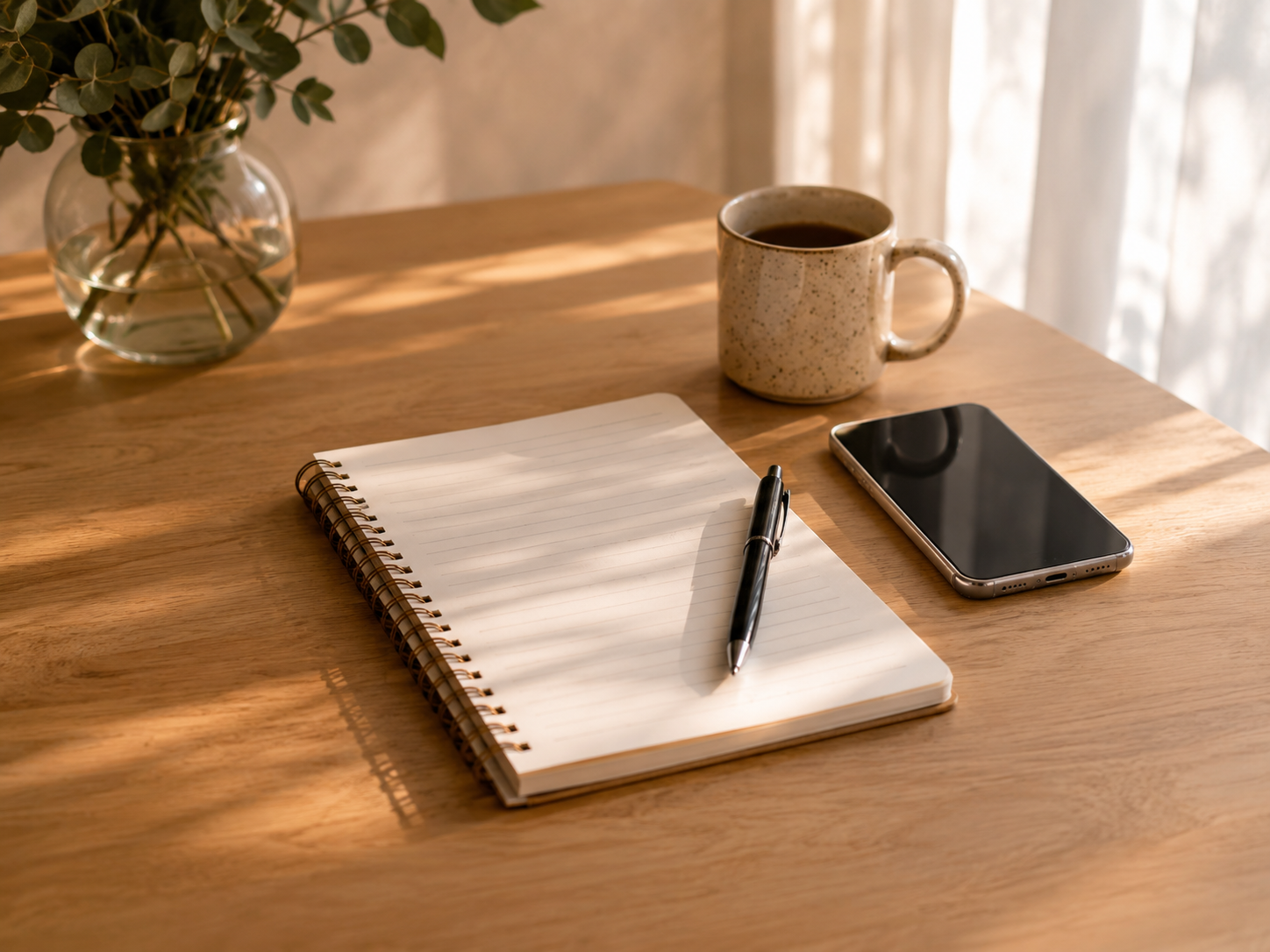A calm desk with a blank notebook, pen, phone and coffee, representing a low-friction ADHD productivity system.
