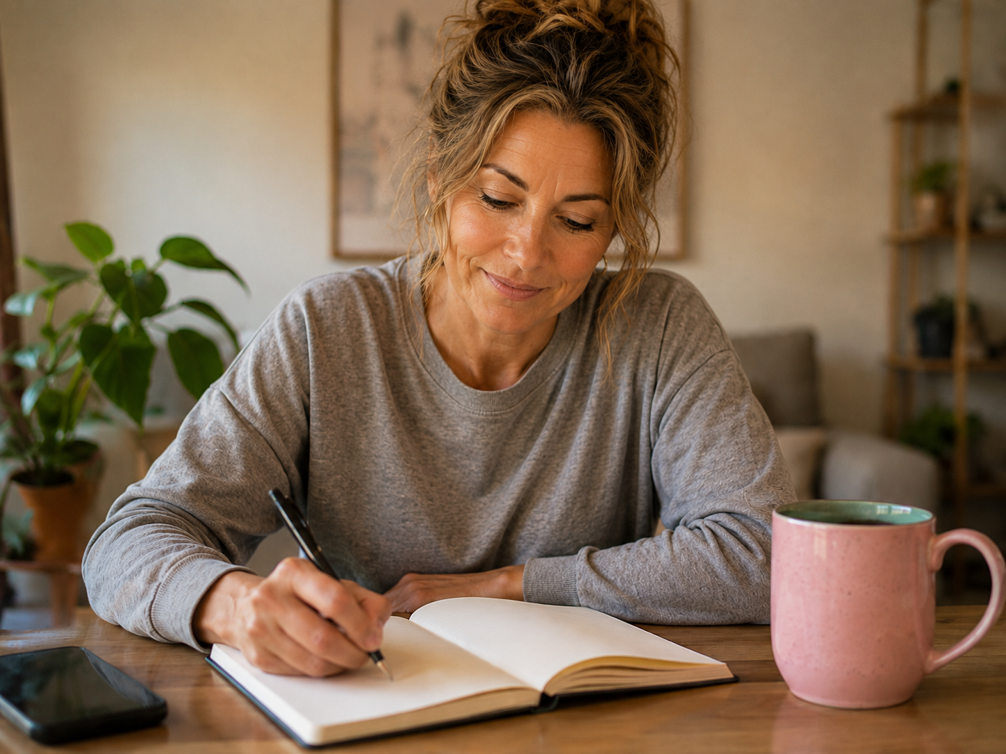 Michelle writing one small thing in a notebook, representing tiny wins and immediate reward for ADHD productivity.