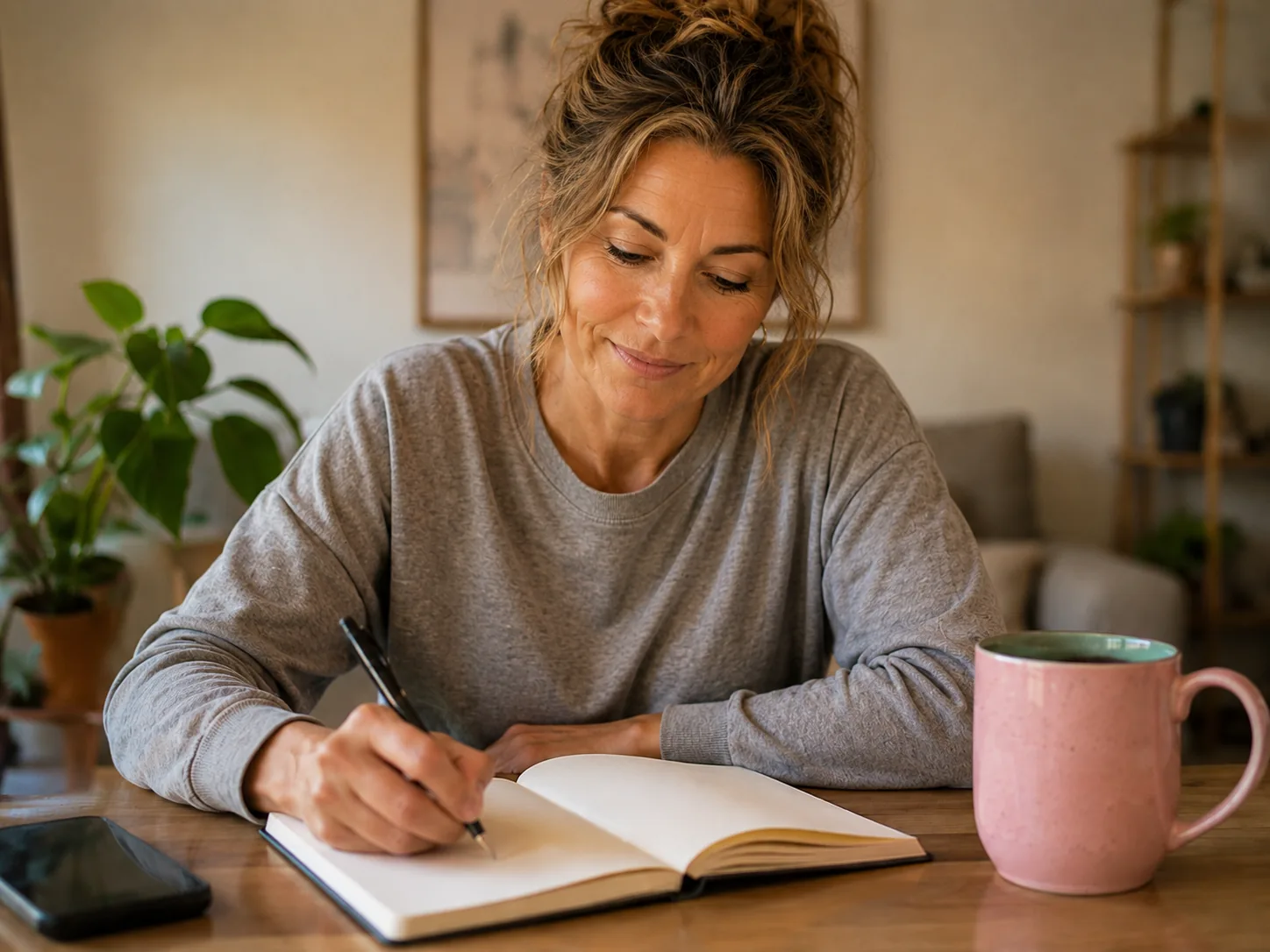 A woman with ADHD writing one small thing in a notebook, representing tiny wins and immediate reward for ADHD productivity.