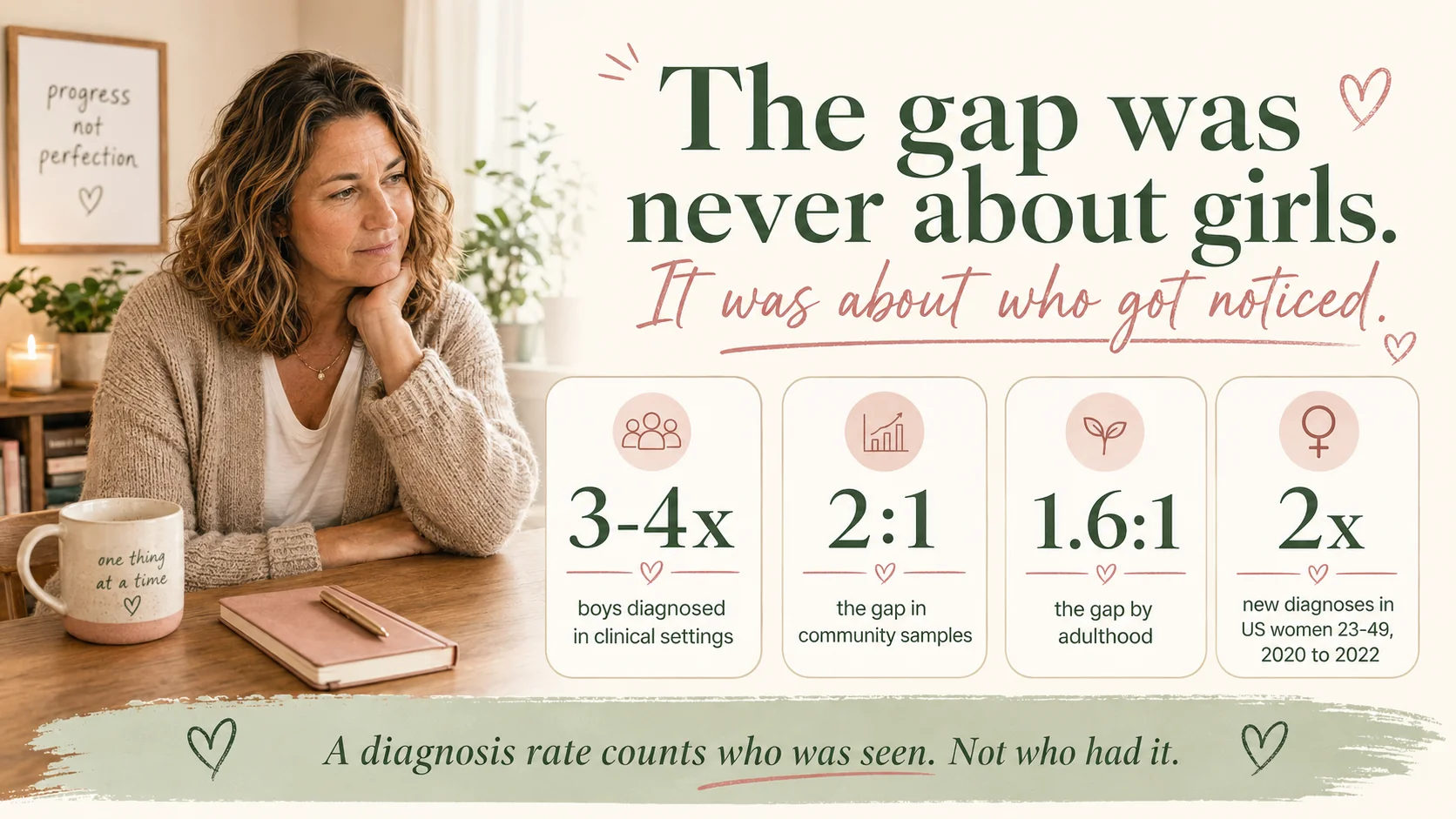 Infographic showing the ADHD diagnosis gap between boys and girls in clinical settings, community samples and adulthood, alongside the rise in new diagnoses among adult women.