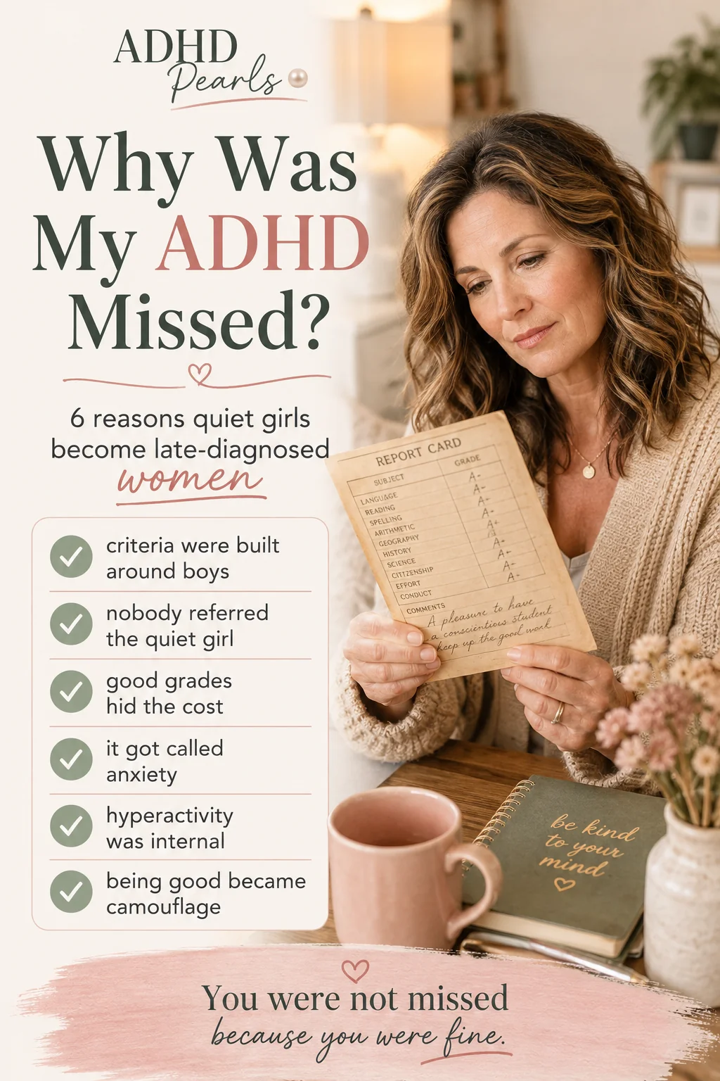 Pinterest pin explaining why ADHD can be missed in quiet girls who become late-diagnosed women, including criteria built around boys, quiet girls not being referred, good grades hiding the cost, anxiety labels, internal hyperactivity, and being good becoming camouflage.