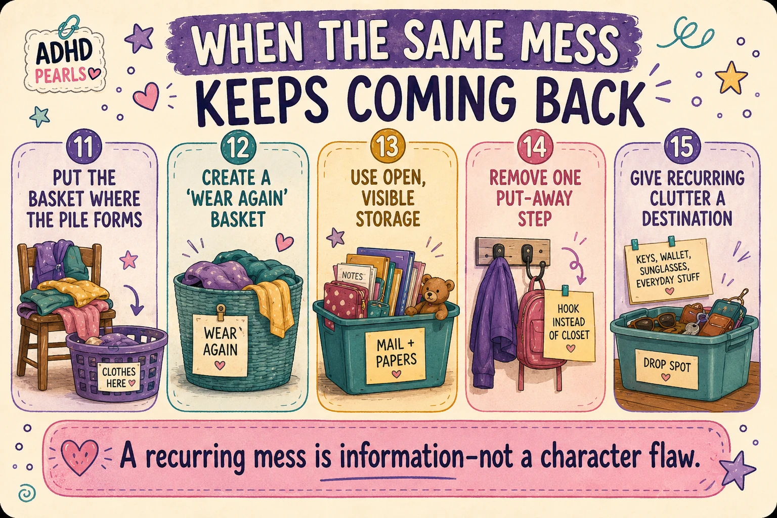 Infographic showing five ways to reduce recurring ADHD mess, including placing baskets where piles form, using open storage and removing put-away steps.