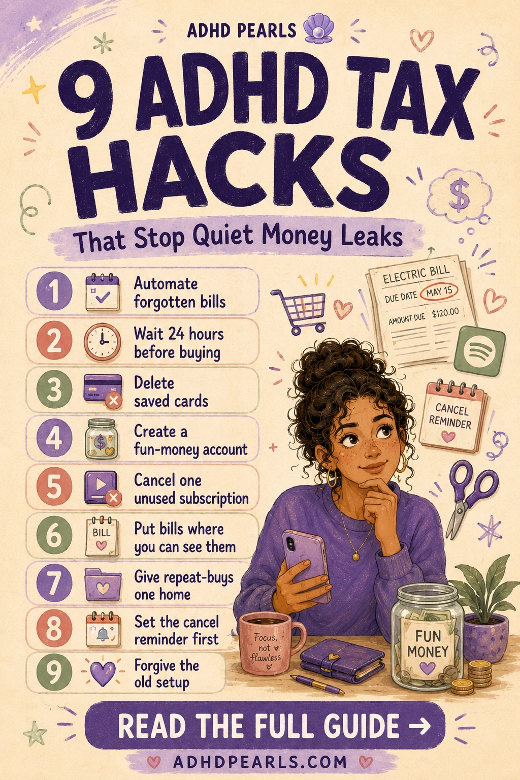 Pinterest infographic listing nine ADHD tax hacks for reducing late fees, impulse spending, forgotten subscriptions and other money leaks.