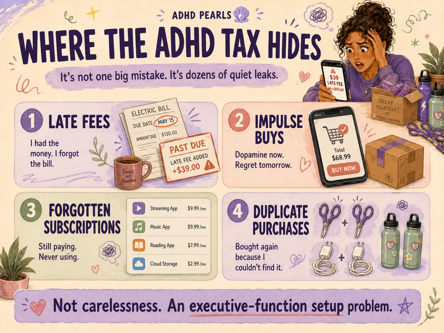 Infographic showing four common ADHD tax money leaks: late fees, impulse purchases, forgotten subscriptions and duplicate purchases.